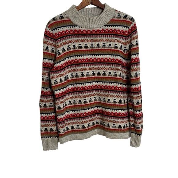 J. Crew Striped Aztec Lambs Wool Blend Pullover Sweater Red Gray Size Medium - Picture 1 of 6